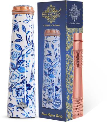 IndianArtVilla Copper Tube Slim Bottle in White Floral Print, Volume - 750 Ml 750 ml Bottle