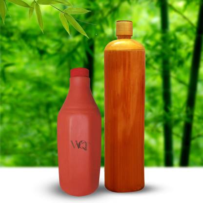WQT Clay Water Bottle 900 ML & Bamboo Water Bottle 750 ML Handmade - Combo 750 ml Bottle