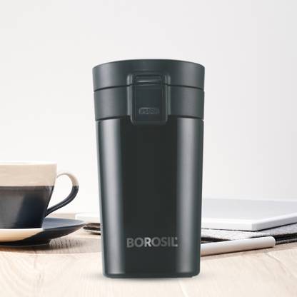 BOROSIL Coffeemate Vacuum Insulated Travel Coffee Mug with Lid, 8 hrs Hot n 14 hrs Cold 380 ml Flask