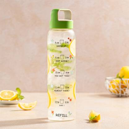 BOROSIL Neo 1 L Motivational Time Marker Glass Bottle with Green Husk Lid, AM PM Bottle 1000 ml Bottle