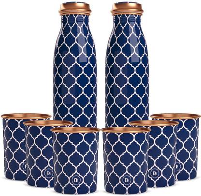 Everything Beautiful Pure Copper Water Bottle Best Tamba Seamless Blue White by ebstore (2L,6x270ml) 1490 ml Bottle With Drinking Glass
