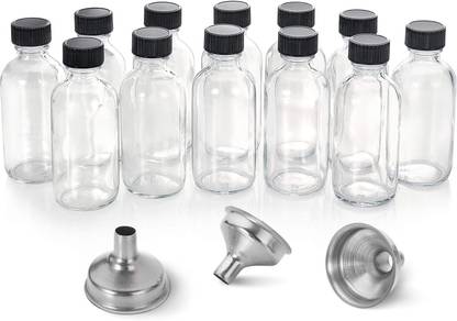 Store2508 12 Pcs Small Clear Glass Bottles (60ml) with Lids & 3 Steel Funnels NO Leakage 60 ml Bottle