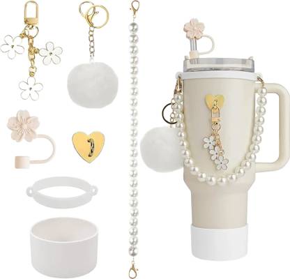HASTHIP Stanley Cup Accessories Set 7Pcs Silicone Straw Cap Pearl Chain Sleeve Sakura Silicone Charm Set