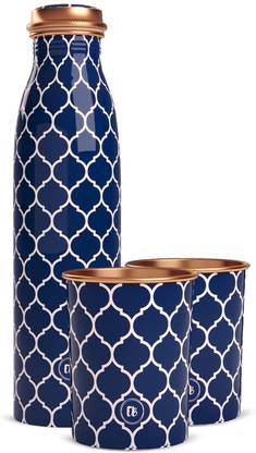Everything Beautiful Pure Copper Water Bottle Best Tamba Seamless Blue White by ebstore (1L,2x270ml) 1490 ml Bottle With Drinking Glass