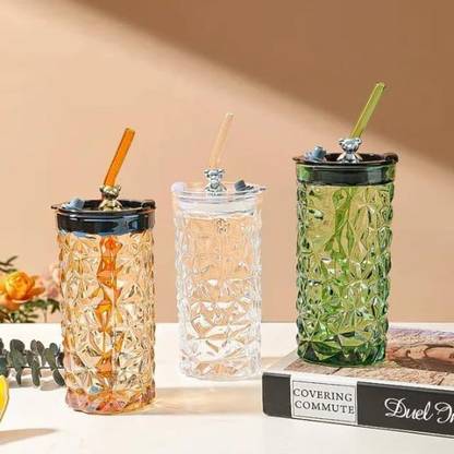 INJOFASH Bear Shape Luxury Design Drink Glass Cup with Straw Drinking Transparent Cup Glass Mason Jar
