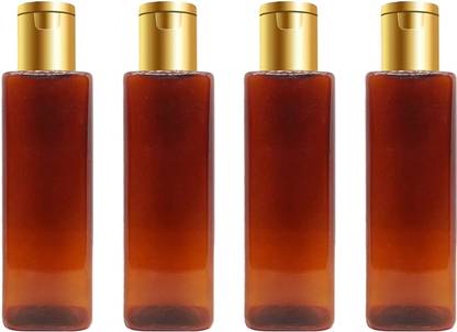 Devinez Square Amber Bottle, 200ml (Pack of 4) with Golden Flip-Top Cap, Essential Oils 200 ml Bottle