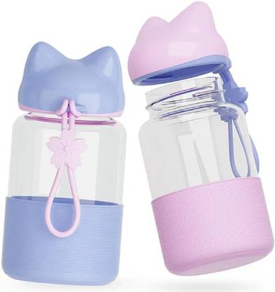 Sindhia Leak Proof Mini Cat Design Glass Water Bottle, With Lid Rope, Food Grade 340 ml Glass Bottle