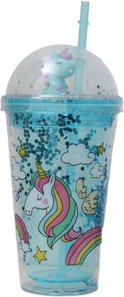 The Procure Store Unicorn Printed Glitery Transparent Sipper With Unicorn Motif Lid, Blue 500 ml Sipper
