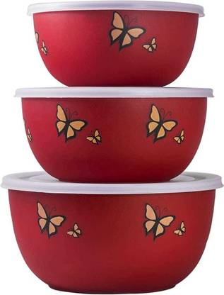 Evaya Stainless Steel Serving Bowl Microwave Safe Euro Bowl with Lid Set of 3 Butterfly Red