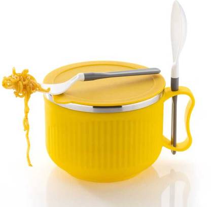 HAPPI Stainless Steel, Plastic Soup Bowl Noodles & Soup Bowl with Handle & Spoons, Bowl for Pasta, Soup, Rice, Maggie Mug