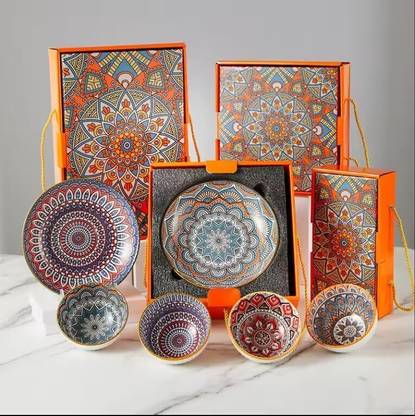 Dishy Divine Ceramic Serving Bowl Bohemian Style Gift Set Elegant Kitchen Serving Bowls (Set of 4) With 2 Platter
