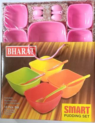 Bharat Plastic Dessert Bowl Smart Pudding Set (Pink) - 13 Pcs (1 Serving Bowl,6 Small Bowl, 6 Spoons
