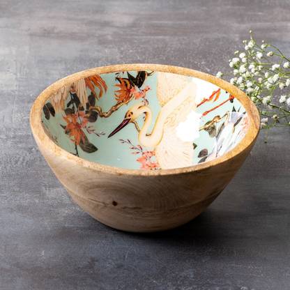 nestroots Wooden Salad Bowl Serving Snacks Bowls Wooden for Dry Fruits Mango Wood with Decaling Duck Print with Clear Enamel Design (6 INCH Diameter, Multicolor