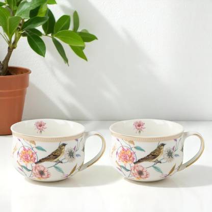 Lemon Tree Ceramic Soup Bowl Ceramic 500 ml Soup Mug Set with Handle For Serving Soups/Ramen/Noodles/Maggie