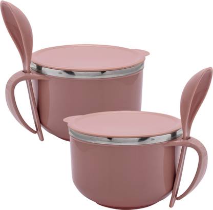 KUBER INDUSTRIES Stainless Steel Soup Bowl Noodle & Soup Bowl Set|Noodle Bowl with Spoon|600 ML|Pack of 2|Brown