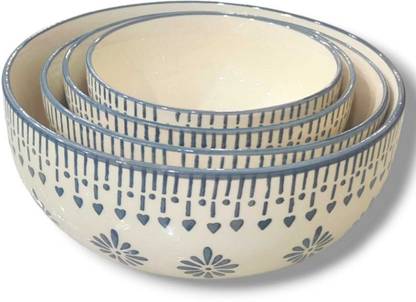 Your Local Store Ceramic Mixing Bowl Grey Jhallar Bowl Set Of 4 (1000,750,500,300)Ml Serving Dinnerware Bowl Set