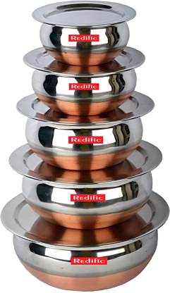 Redific Stainless Steel Copper Bottom Serving Handi, Cookware set of 5 Pieces with lid size 1.600 L, 1.200 L, 0.850 L, 0.650 L, 0.400 L (Copper, Stainless Steel, Non-stick) Non-Stick Coated Cookware Set
