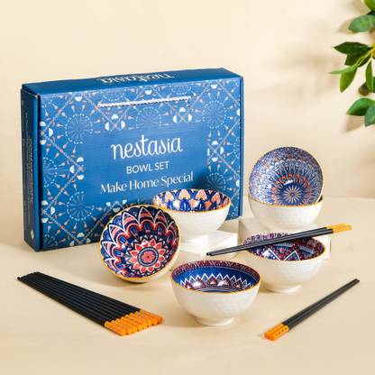 Nestasia Ceramic Serving Bowl Bowl in Mandala Pattern, Chopsticks Included, Microwave & Dishwasher Safe