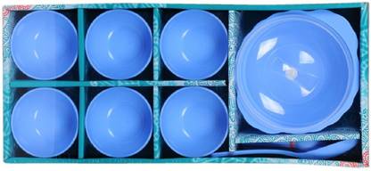 Bharat Plastic Dessert Bowl Honey Pudding Set (Blue) - 15 Pcs (1 Casserole+1 lid+6 Small Bowl+ 6 Spoons+1 Serving Spoon)