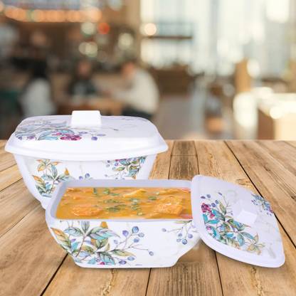 KUBER INDUSTRIES Melamine Serving Bowl Microwave Safe Melamine Serving Bowls with Lids Set of 2 | | Green Marble Flower