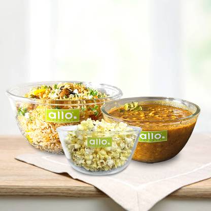 Allo Glass Mixing Bowl Oven & Microwave Safe Bowls, Dishwasher & Freezer Safe,1000ml, 1600ml & 2100ml