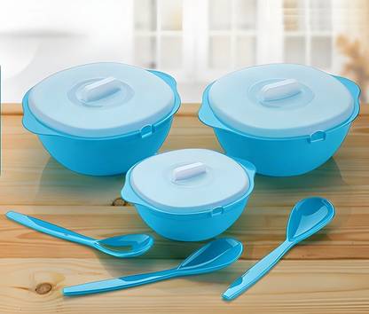 Craftbin Plastic Serving Bowl Serving Bowls Set with Lid Spoons for Rice Curry, Microwave Safe Mixing Bowl