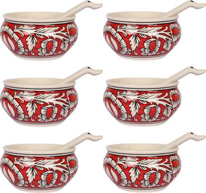 CRaFTghar Ceramic Soup Bowl Handcrafted Microwave Safe soup bowls with spoons set of 6 Ceramic, Each 300 ML,