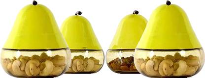 Glass World Glass Candy Bowl (Set of 4) Multi Purpose Air Tight Pear Jars- Green Plastic Cap with Glass Base