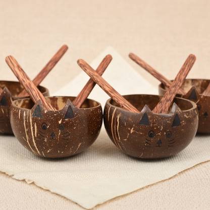 N & H Wooden Soup Bowl Handmade Coconut Shell Cat Design Bowl with Fork & Spoon