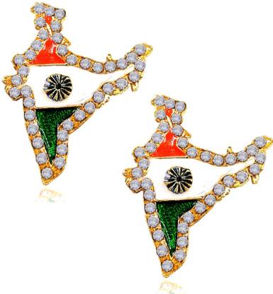 Airtick Set Of 2 Unisex Diamond Nug Stone Studed Indian Map Flag Lapel Pin Brooch/Badge Brooch