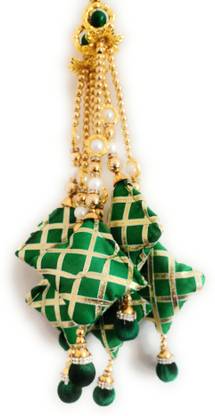 hangin latkan Hand made work Latkan For Women Ethnic 'lehenga Hanging Tassel set of 2]Golden & Green Colours Fancy New latkan Latest desing , Brooch
