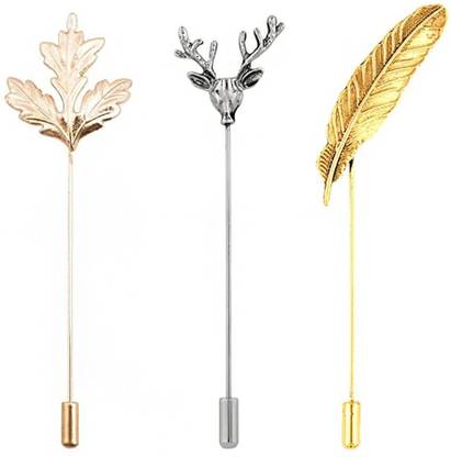 YELLOW CHIMES Combo of 3 Pcs Elegant Latest Leaf Feather Deer Design Brooch Lapel Pin for Men Brooch