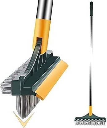 DEEJET 3 in 1 Bathroom Cleaning Brush with Wiper, Tiles Cleaning Brush with Handle Microfibre Wet and Dry Brush