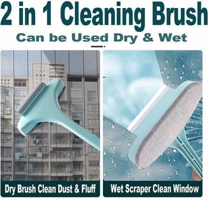 VEWIKZY 2 in 1 Mesh Cleaning Brush & Wiper with Extended Handle Sponge Wet and Dry Brush