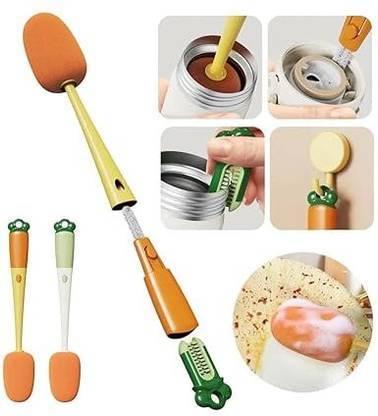 GIRIRAJ COLLECTION 3 in 1 Cup Cleaning Brush, Carrot Bottle Brush with 2 Replacement Heads Plastic Wet and Dry Brush