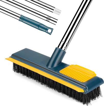 VAVSU Long Handle Floor Scrub Brush with Comb Teeth and Squeegee,2-in-1 Floor Scrubber Plastic, Microfibre Wet and Dry Brush