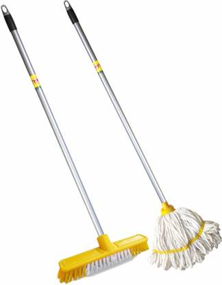 HIC Tuffy Brush with Microfiber Deck Floor Mop Tough Bristels and Long Sturdy Rod Microfibre, Fiber Wet and Dry Brush