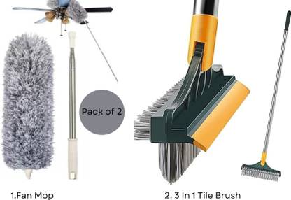 LOYZO Fan Mop Duster and 3 in 1 bathroom tiles brush with wiper(pack of 2) Microfibre Wet and Dry Brush