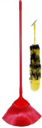 Fulgurant One Feather Duster & One Flat Jala Cobweb Broom Brush wet & Dry Cobweb Plastic Wet and Dry Broom