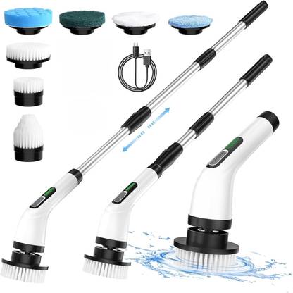 SEVENSPACE Spin Scrubber with Adjustable Extension Handle | 9 Replaceable Cleaning Heads. Plastic, Microfibre, Sponge Wet and Dry Brush