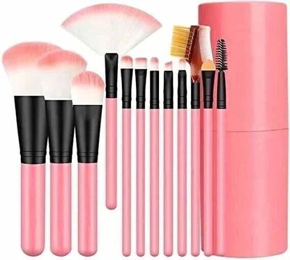M.S TRADERS Professional Series Makeup Brush Set With Storage Barrel - Pink (Pack of 12)