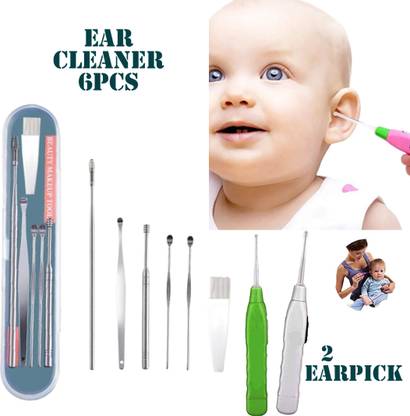 Binaxo Ear wax Remover with LED Flashlight Earpick 2 pack + Ear Wax Cleaner Kit(6 pcs)