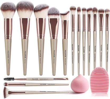 Maange Makeup Brushes 15 Pcs With 1 Makeup Sponge & 1 Brush Cleaner (Champagne)