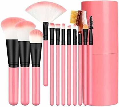 M.S TRADERS Professional Series Makeup Brush Set With Storage Barrel - Pink (Pack of 12)