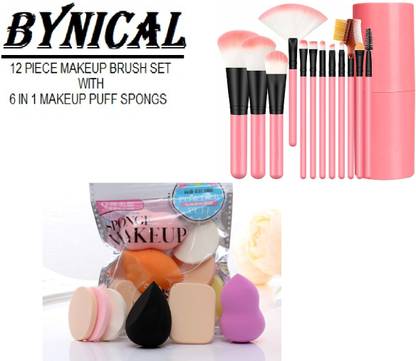 Bynical Professional 12 Piece Makeup Brush Set With Box + Soft 6 in 1 Makeup Sponge Pack