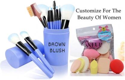 brown blush Professional 12 Face & EyeMakeup Brush Set With Storage & 6in1 Makeup SpongE