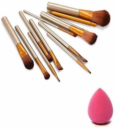 varunya Soft as Real Bristle Makeup Brush with Multicolor Blender Puff- Gold, Set of 12