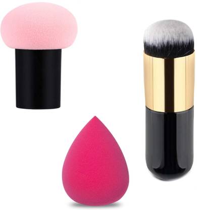 Xester Foundation Brush with 2 Blending Sponge for Dry or Wet Use(3 Pcs)-Multi color