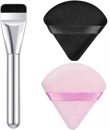 WECHARMERZ Flat Foundation Brush For Liquid Makeup Brush With Triangle Pizza Powder Puff