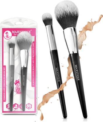MAJESTIQUE Powder and Concealer Brush Set, Soft Fluffy Bristles, Blending- 2Pcs/Black